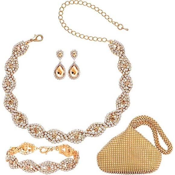 Gold & Crystal Necklace Set Cubic Rhinestone Necklace Bracelet Earrings Handbag - Picture 2 of 5